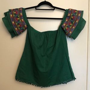 Joy Joy Green Off the Shoulder Embroidered Top - S